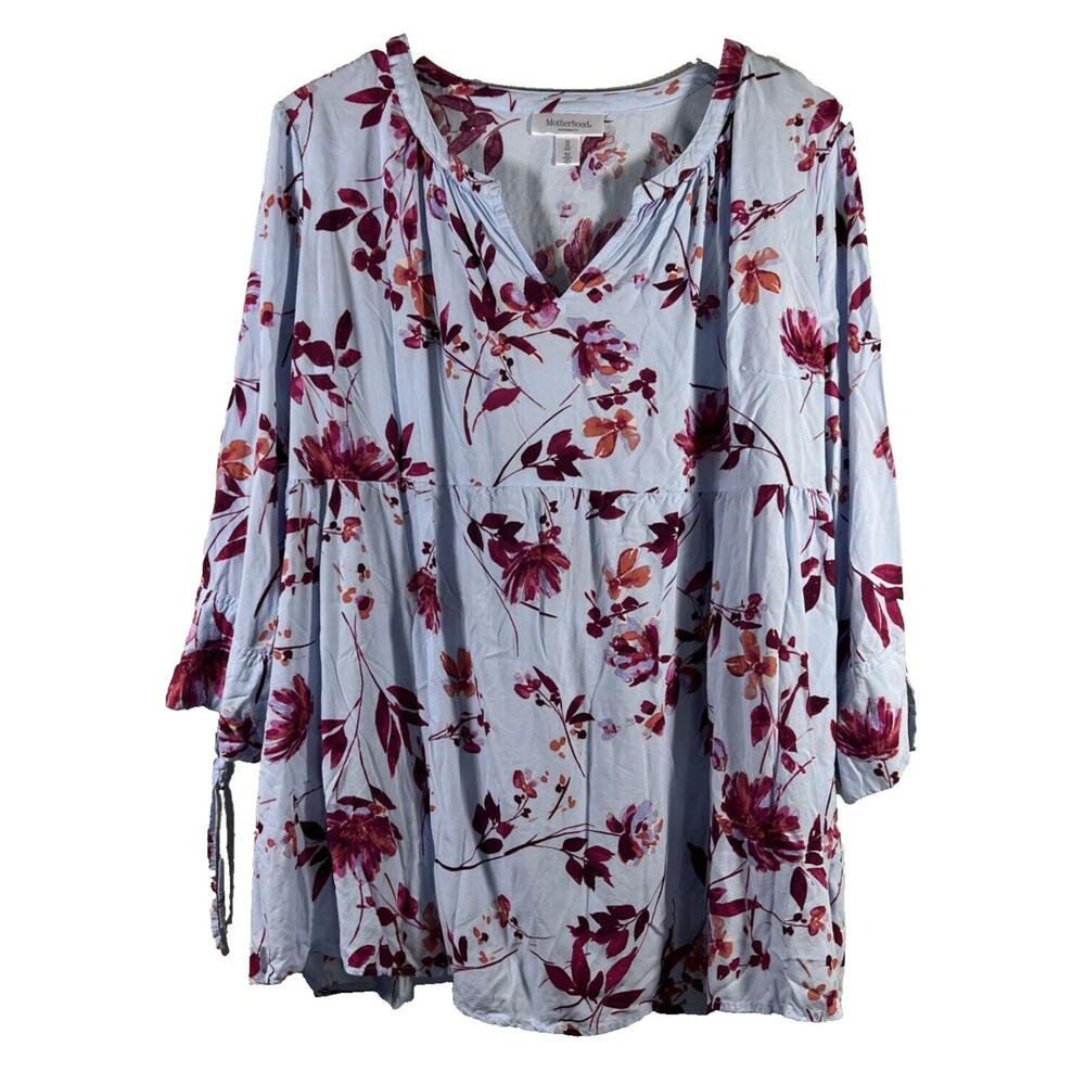 Motherhood Maternity Blouse White & Blue Floral Print V Neck Size 1X